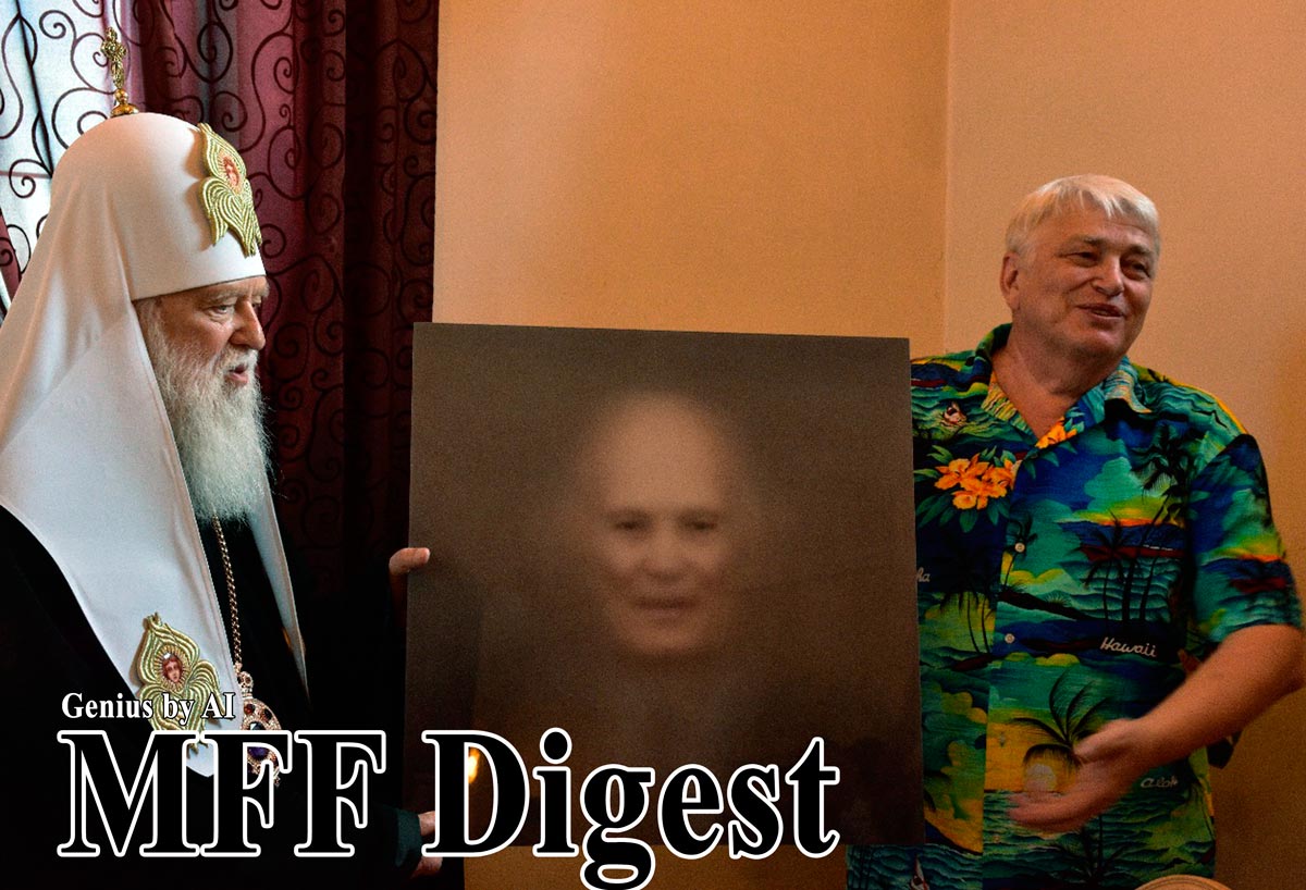 Патриарх Филарет и Сергей Мельникофф, aka MFF, демонстрируют первый в мире фотопортрет, выполненный Искусственным Интеллектом.